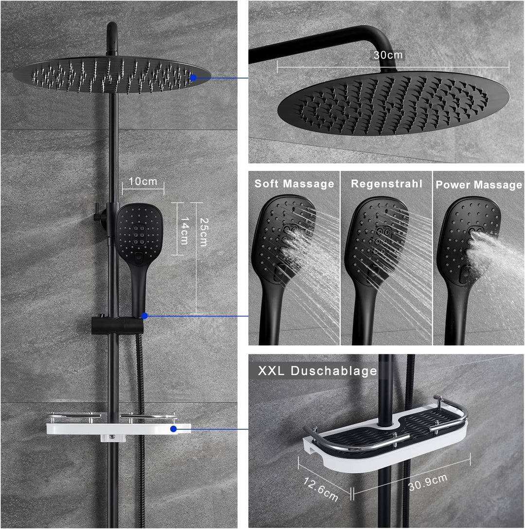 Görbach Duschsystem Duschset ohne Duscharmatur Regendusche Überkopfbrauseset matt schwarz (D30MB+Abl