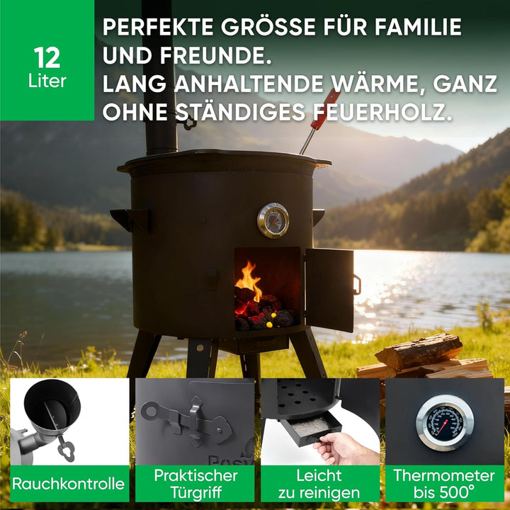 Utschak Uchag Feuerofen Ø 40 cm 2 mm Stahl mit Usbekische Kazan 12 L flacher Boden Schaumlöffel und