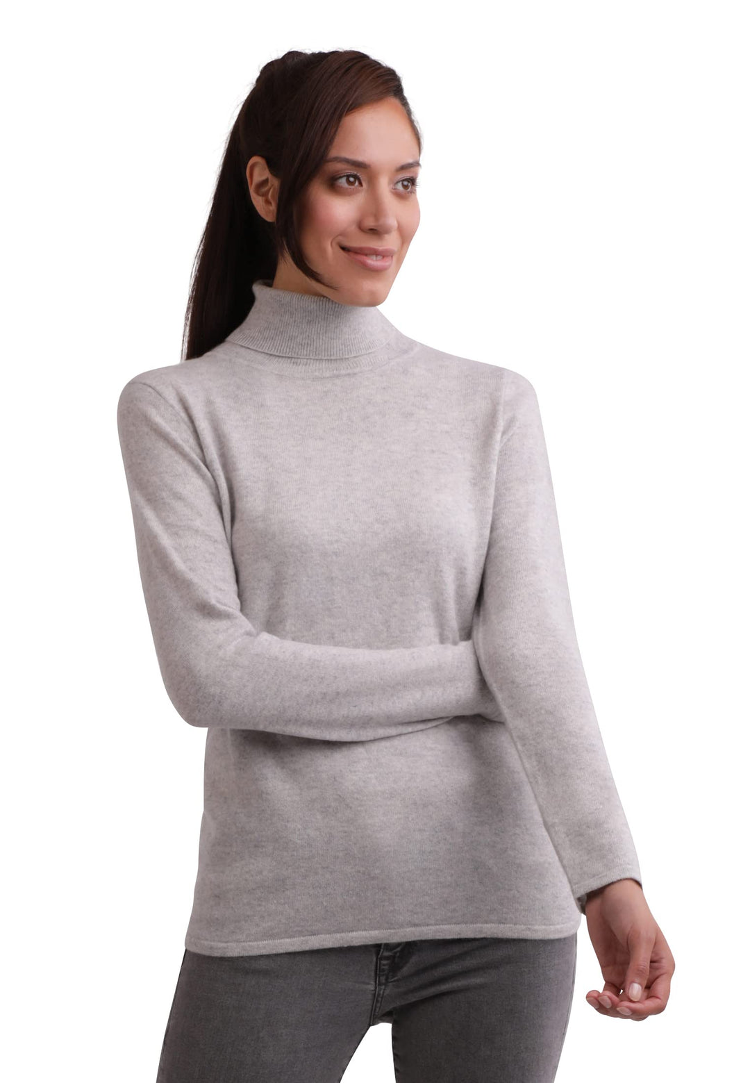 CASH-MERE.CH 100% Kaschmir Damen Pullover | Sweater Rollkragen 2-fädig, Hellgrau