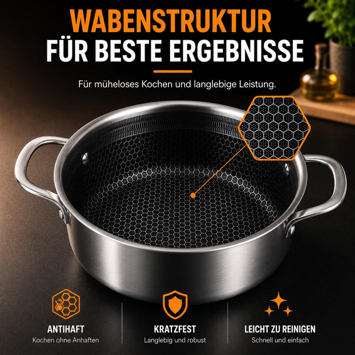 Royal Swiss 24 cm Edelstahl Kochtopf mit Glasdeckel – Honeycomb Antihaft-Kochtopf, PFOA-frei, langle