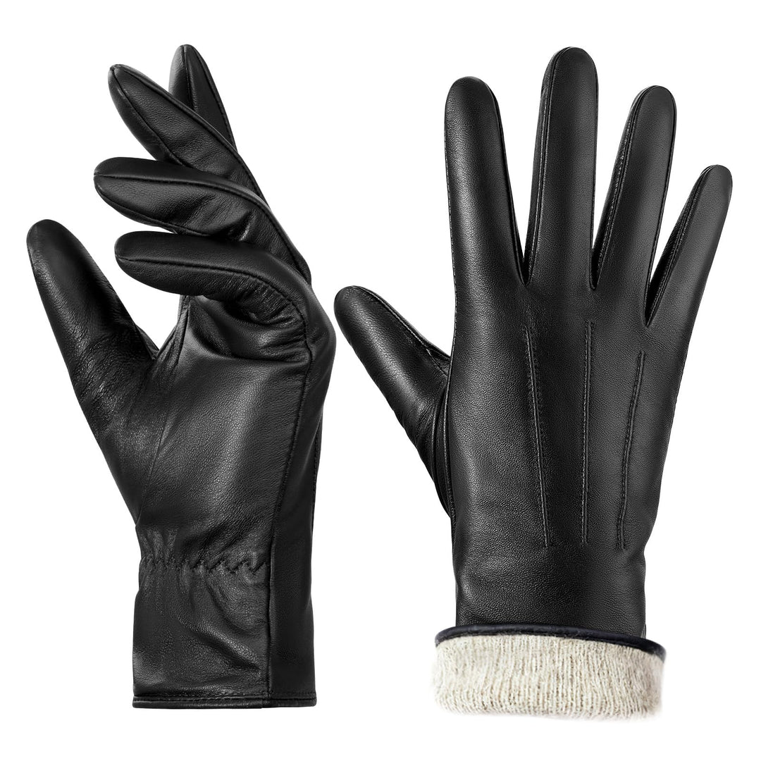 BISON DENIM leder handschuhe damen-Kaschmirverkleidung, Touchscreen und Winterhandschuhe Schwarz S,