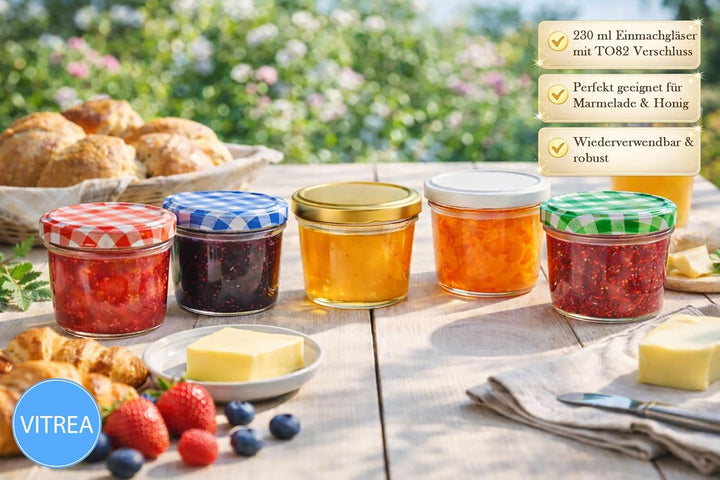 Vitrea 100x Marmeladengläser 230 ml - mit Deckel Weiss TO 82 - Einmachgläser zum befüllen mit Schrau
