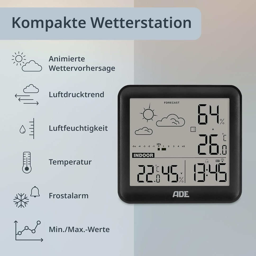 ADE Kleine digitale Wetterstation funk mit Aussensensor und Wettervorhersage | Innen- und Aussentemp