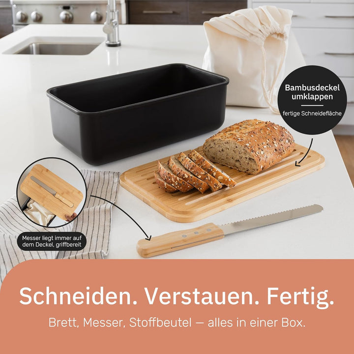 UCO Brotkasten Schwarz 38 cm mit Schneidebrett-Deckel und Messer, inklusive Stoff-Brotbeutel, Brot A