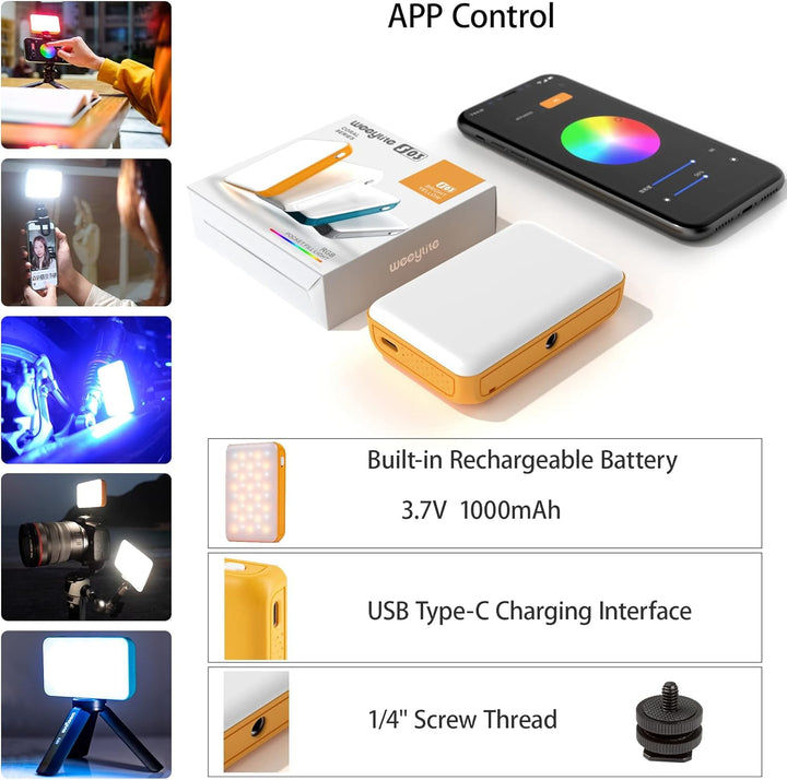 Weeylite S03 RGB Videoleuchte,Bluetooth APP Kontrolle Mini LED Videolicht mit Eingebautem Akku,Fotog