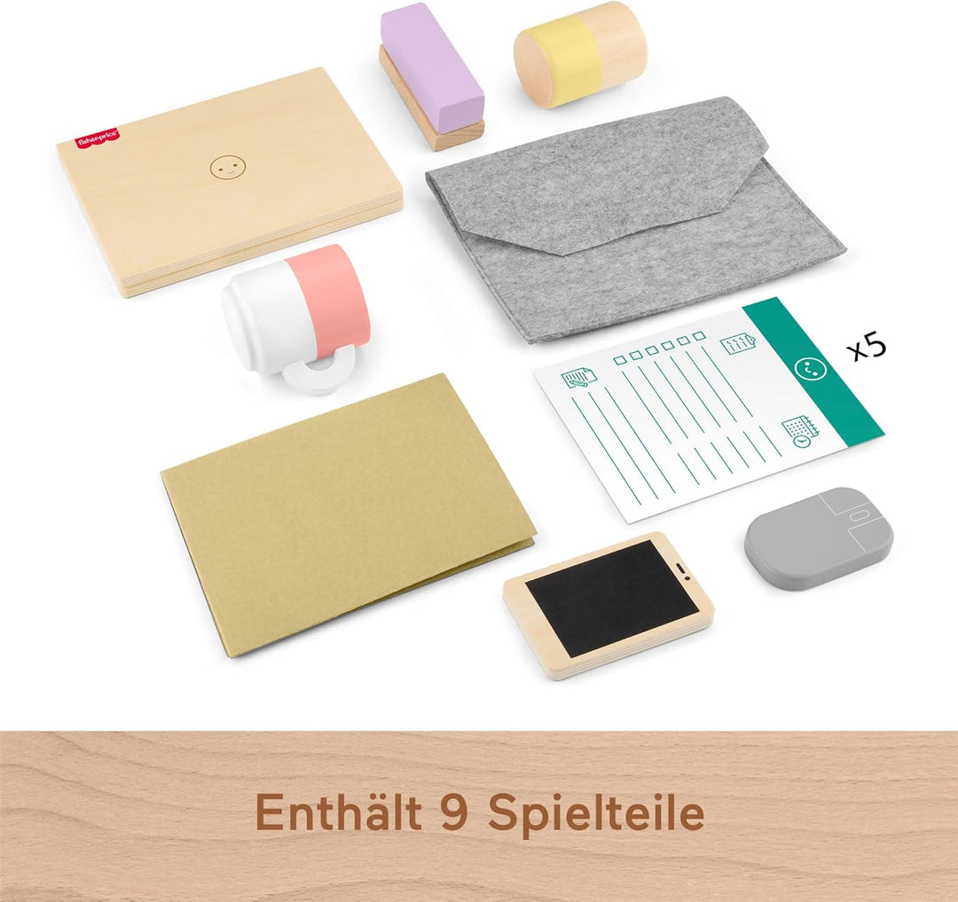 Fisher-Price Homeoffice-Set aus Holz für Kindergartenkinder, 9 Zubehörteile mit Holz-Laptop und -Tel
