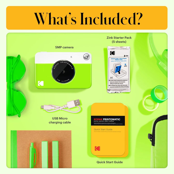 KODAK Printomatic Sofortbildkamera (Grün) Basis-Paket + Zinkpapier (20 Blätter) Etui + Bequemer Hals