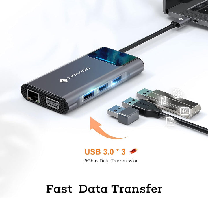 NOVOO 9-in-1 USB C HUB Adapter USB C mit RJ45 Gigabit Ethernet, 4K HDMI, VGA, 100W PD, SD/TF-Kartenl