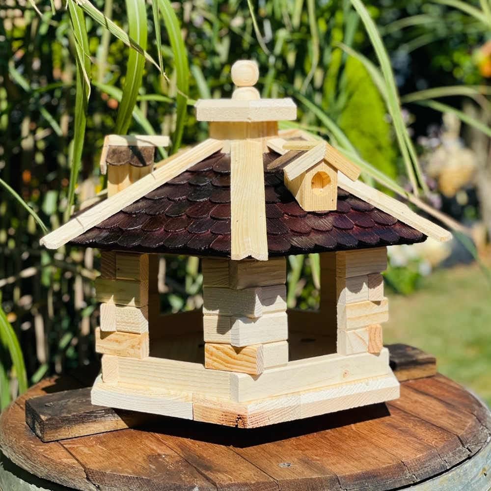 Sechseck Vogelhaus aus Holz L - XL Futterstelle mit und ohne Ständer handgefertigt (L ohne Ständer,