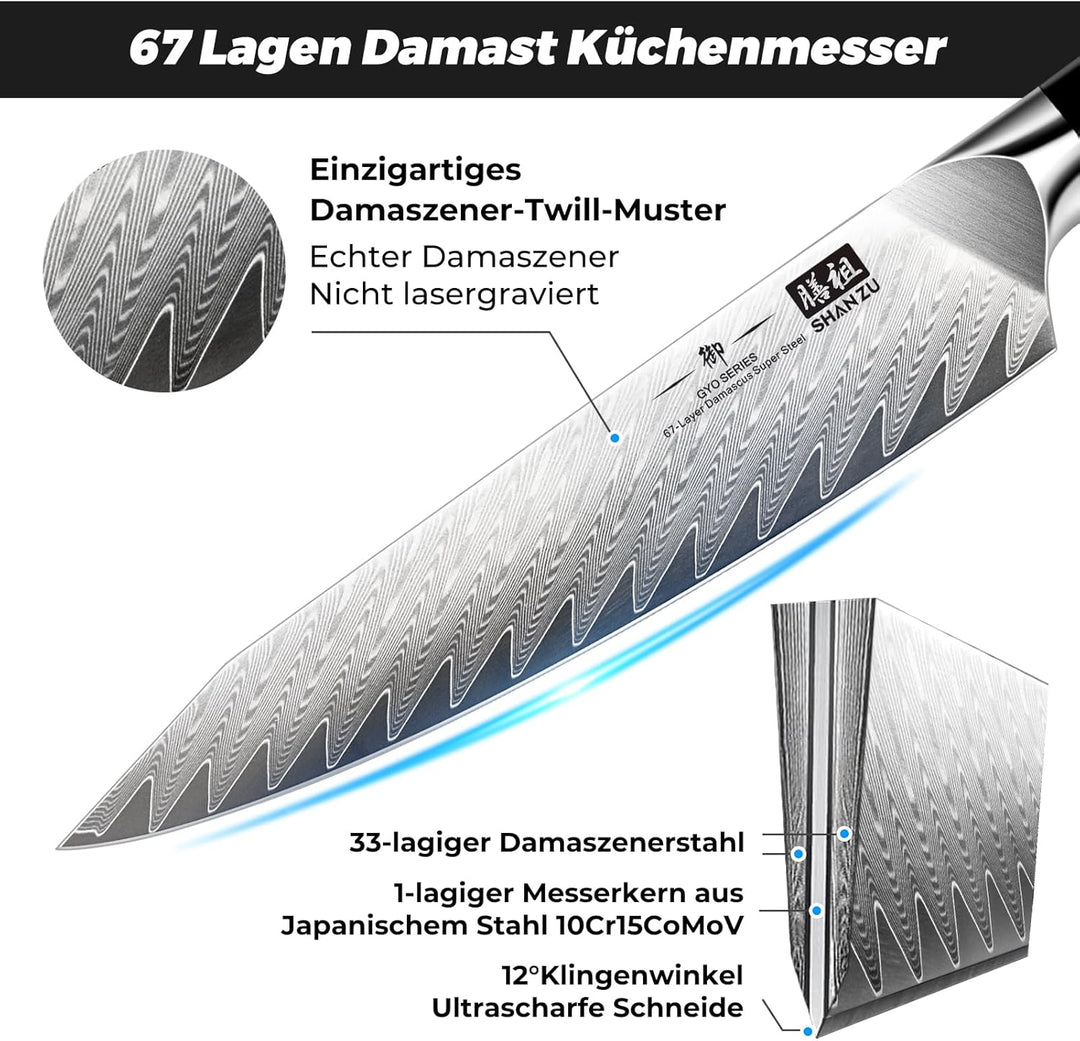 SHAN ZU Kochmesser Allzweckmesser Profi 15cm 67 Schichten Damaststahl Küchenmesser mit G10 Griff - G