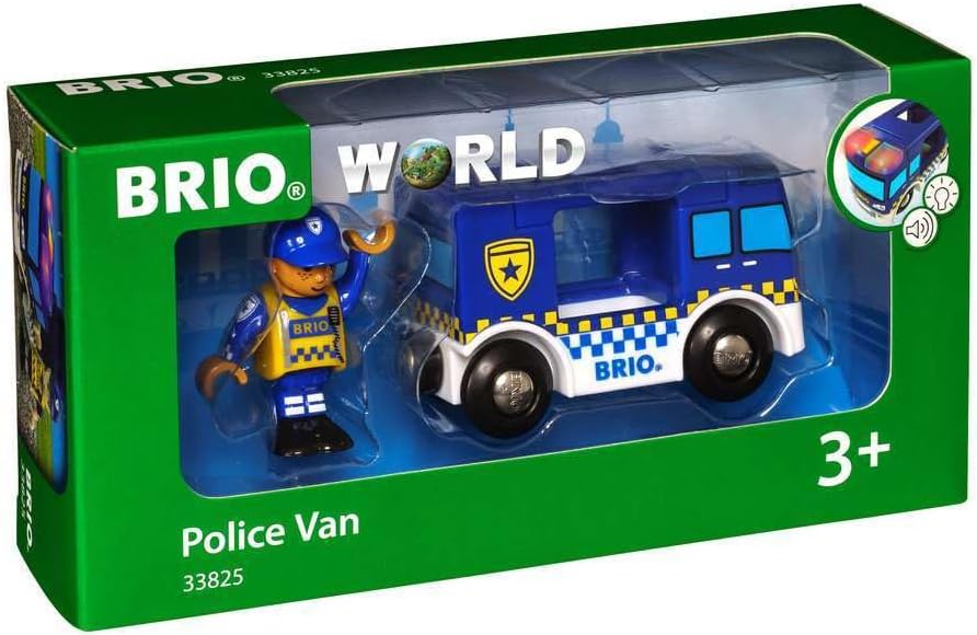 BRIO Bahn 33825 - Polizeiwagen mit Licht und Sound & Bahn 33799 - Traktor mit Holz-Anhänger Polizeiw