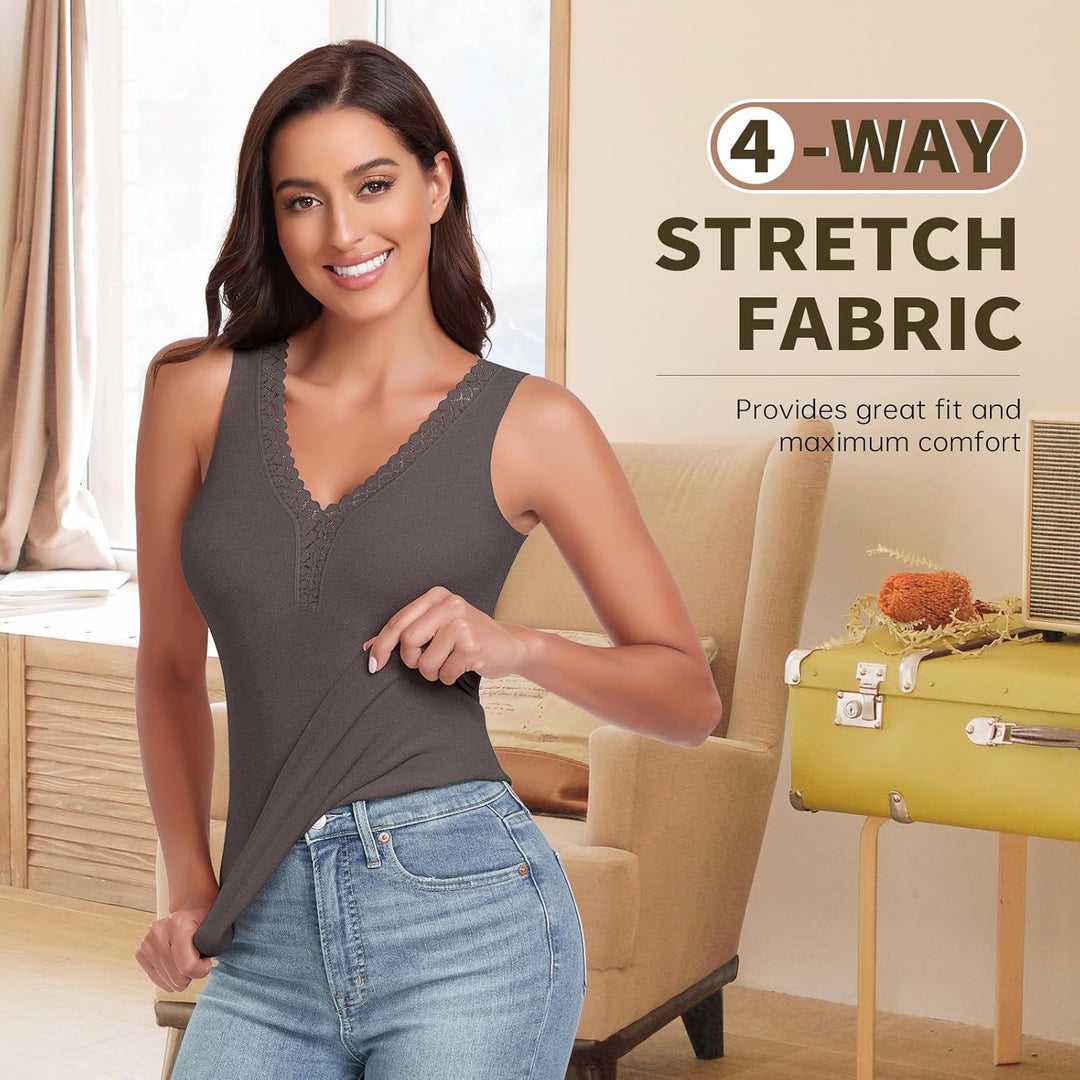 WOWENY Thermo Trägershirt Langarmshirt Damen Tank Top mit Spitze Ärmellose/Langarm Elegant Top Unter