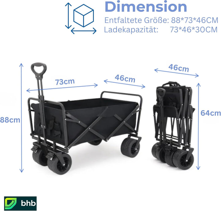 Bollerwagen Faltbar 100L 120kg, Klappbarer Handwagen, Geländegängig, Trolley für Garten Einkauf Camp