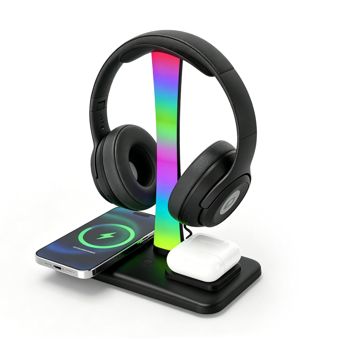 3 in 1 RGB Gaming Kopfhörer Ständer, Headset Halterung mit 15W Wireless Ladegerät, Wireless Charge K