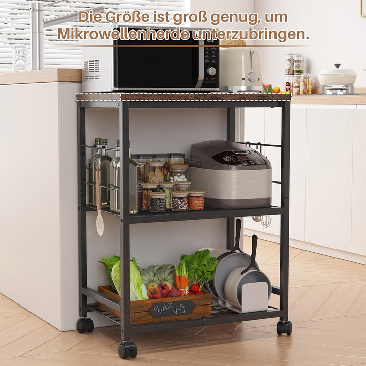 Metall Küchenregal mit Arbeitsplatte, 3 Ebenen Servierwagen mit Rollen für Mini-Backofen, Mikrowelle