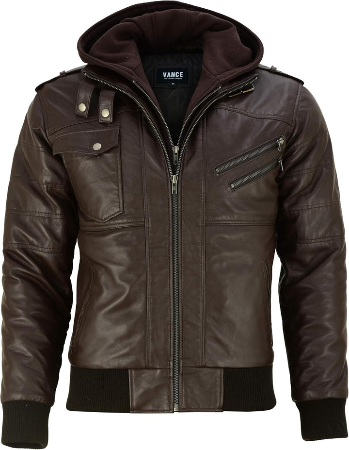 Vance Herren Echt Lederjacke aus 100% Lammleder Abnehmbarer Hoodie M Dunkelbraun, M Dunkelbraun
