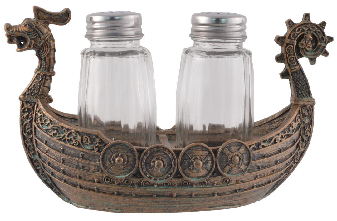 Nordischer Salz- u. Pfefferstreuer "Drakar" - Wikinger Schiff mit Glasstreuern