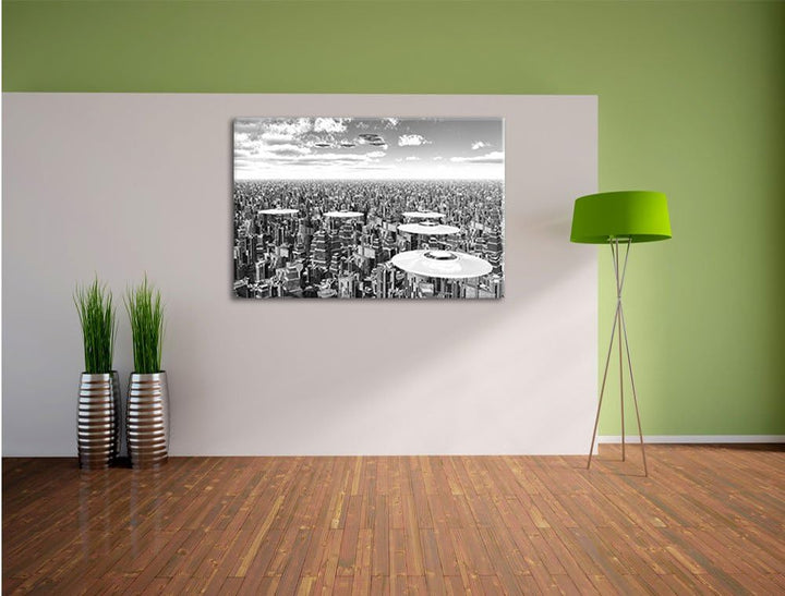 Pixxprint UFO´s über der Stadt Kunst B&amp;W als Leinwandbild | Grösse: 100x70 cm | Wandbild | Kunstdruc