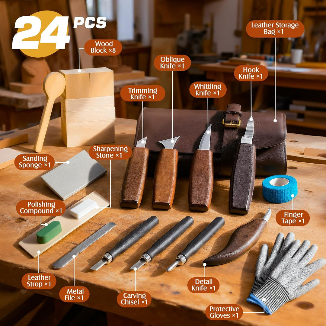 Housolution Holzschnitzset mit Lederetui, 24PCS Holzschnitzwerkzeuge Schnitzset enthält Schnitzmesse