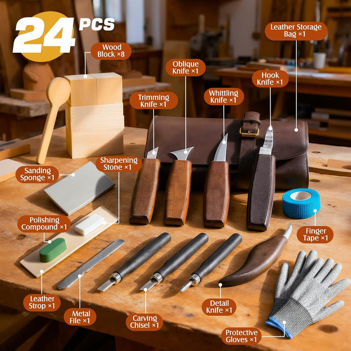 Housolution Holzschnitzset mit Lederetui, 24PCS Holzschnitzwerkzeuge Schnitzset enthält Schnitzmesse