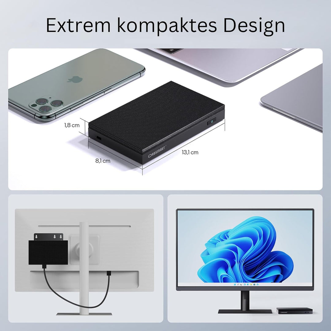 Orbsmart AW-16L Lüfterloser Mini PC mit Intel N150, 8GB RAM & 256GB Speicher | Windows 11 Pro, 4K Tr