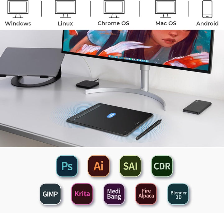 XPPen Deco MW 8x5 Zoll Grafiktablett Bluetooth Wireless Zeichentablett mit 8 Tasten, Drawing Tablet