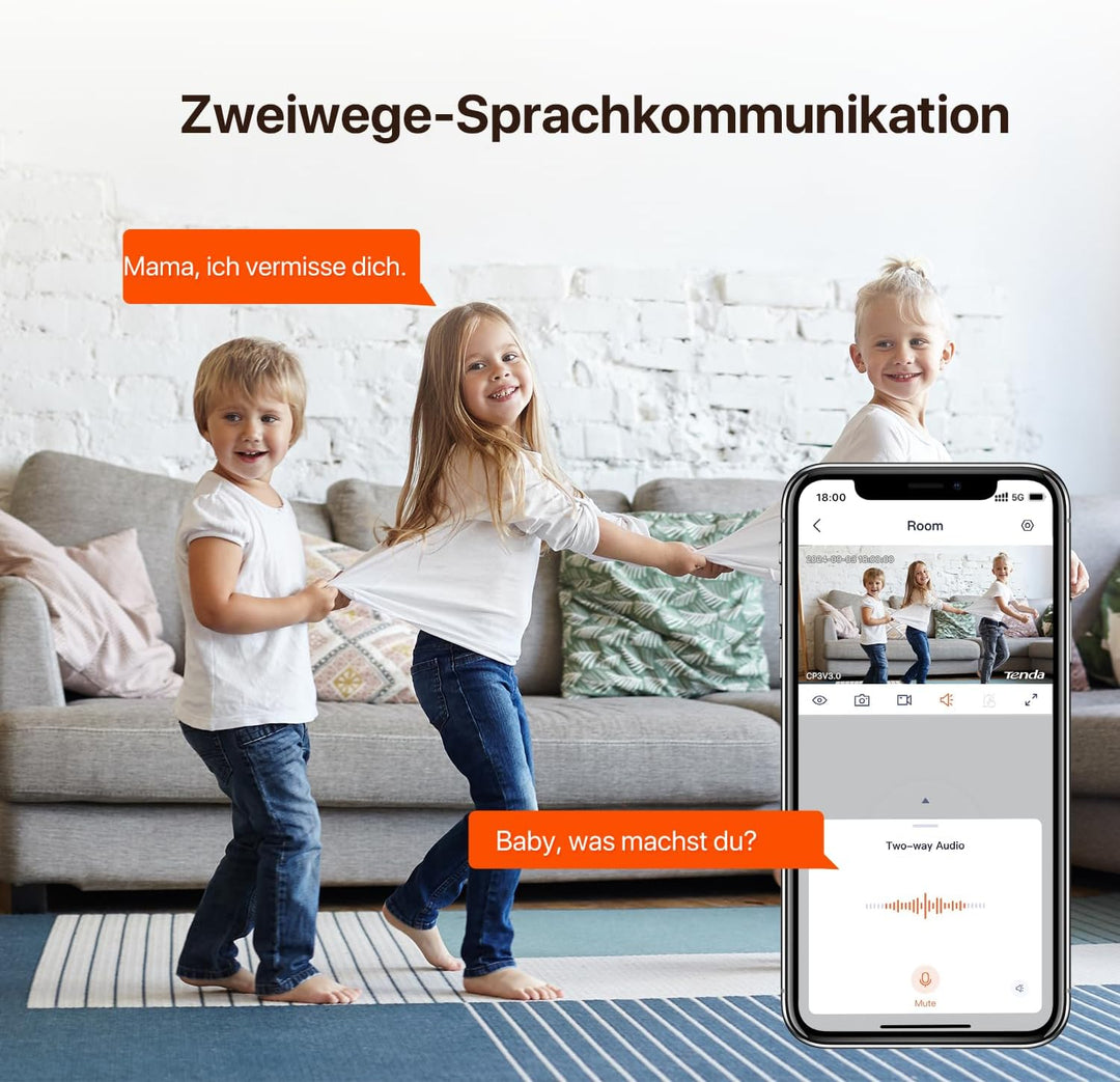 Tenda 3MP WLAN Innenkamera Überwachung, Haustierkamera mit 2-Wege-Audio, Nachtsicht 12M, Bewegungs-P