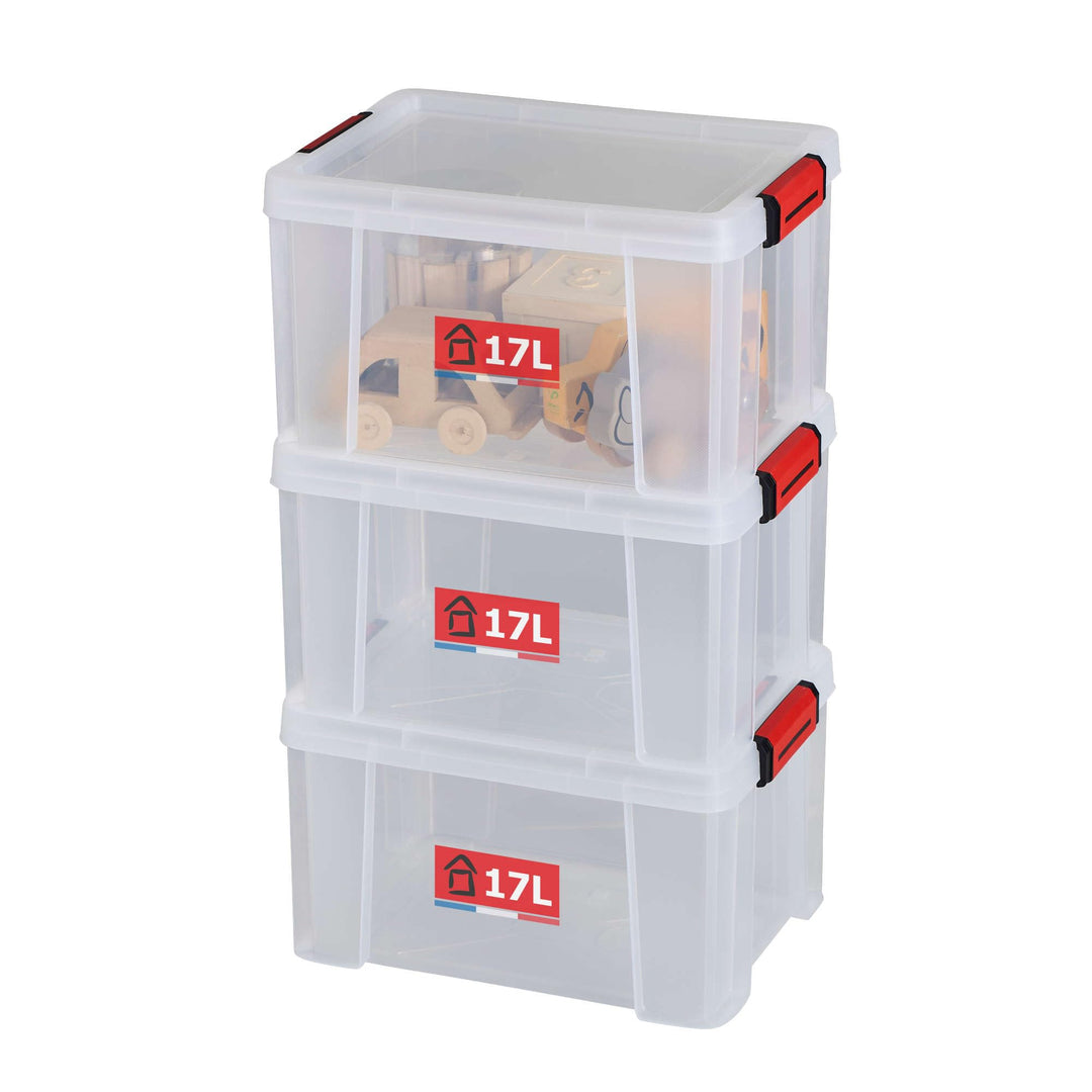 SUNDIS Clip'N Store, 3er-set Aufbewahrungsboxen 17l mit Schnappdeckel, transparentem Kunststoff, ver