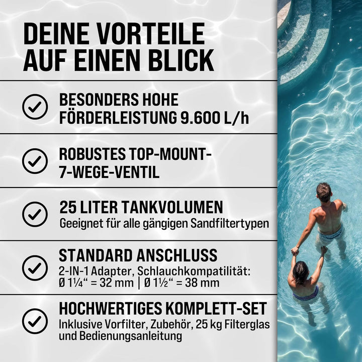 MONZANA Pool Sandfilteranlage SF96K 9600 L/h bis 30.000L | inkl. Filterglas, 7 Wege Ventil, 2in1 Ada