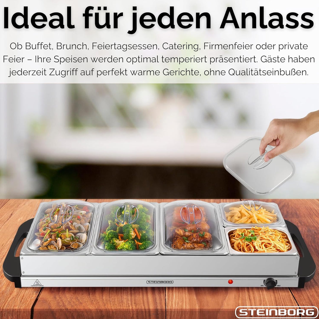 Steinborg® Buffetwärmer XXL elektrische Warmhalteplatte mit Deckel Speisewärmer 450 Watt 5 Speisebeh