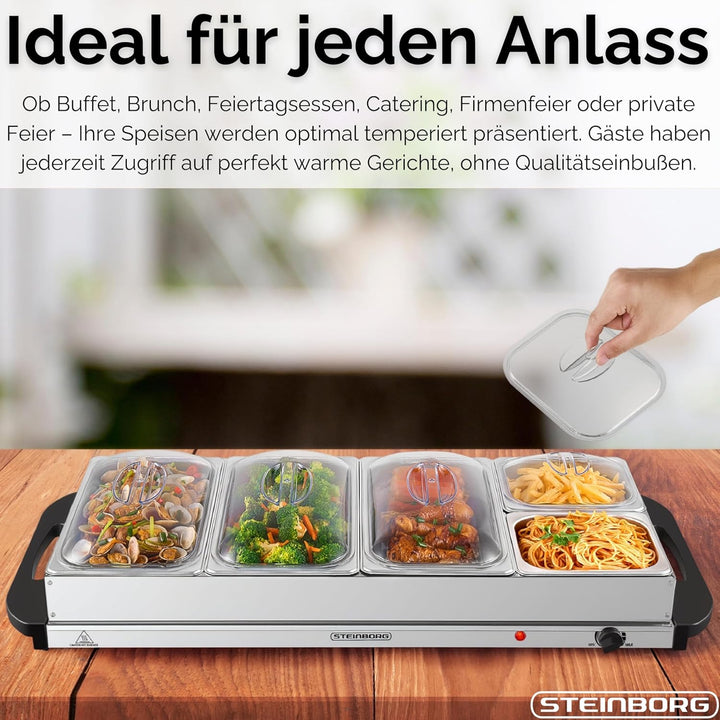 Steinborg® Buffetwärmer XXL elektrische Warmhalteplatte mit Deckel Speisewärmer 450 Watt 5 Speisebeh