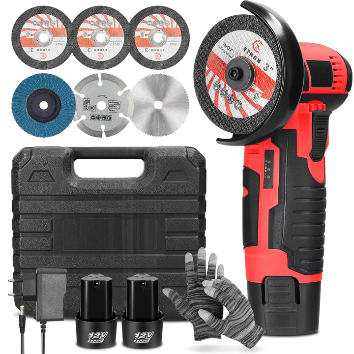 Mini Winkelschleifer, Akku Flex, Winkelschleifer Set 12V, Mit 2 Batterien 2000mAh & 6 Trennscheiben,