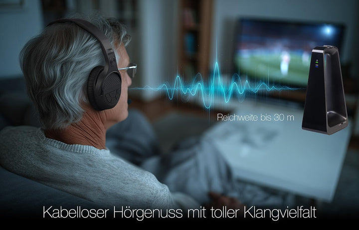 auvisio TV Kopfhörer: Digitaler Stereo-Funkkopfhörer, DSP, Akku, Bluetooth, Ladestation, 30m (Kopfhö