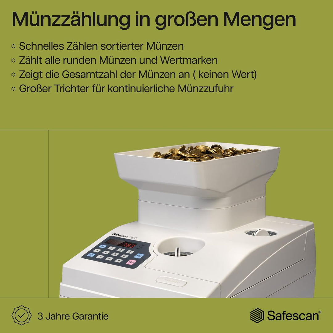 Safescan 1550 HighSpeed Münzzähler zählt schnell sortierte Münzen - Robuste Geldzählmaschine für Mün