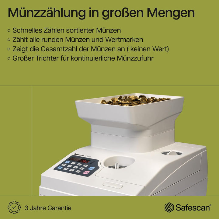 Safescan 1550 HighSpeed Münzzähler zählt schnell sortierte Münzen - Robuste Geldzählmaschine für Mün