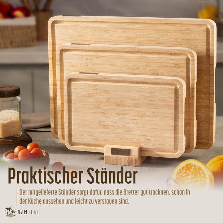 Schneidebrett Holz Set – 2,5 cm stark, mit hochwertiger Öl-Oberfläche, Saftrille, Anti-Rutsch-Füssen
