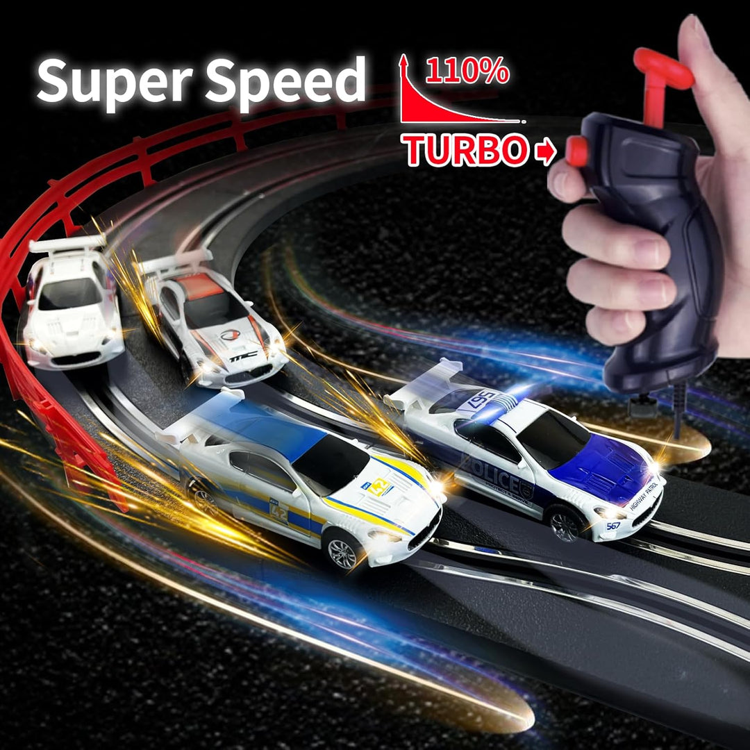 AGM MASTECH Slotcar-Rennbahn-Sets mit 4 exquisiten Slotcars, Batterie- oder Elektroautobahn, 2 Contr