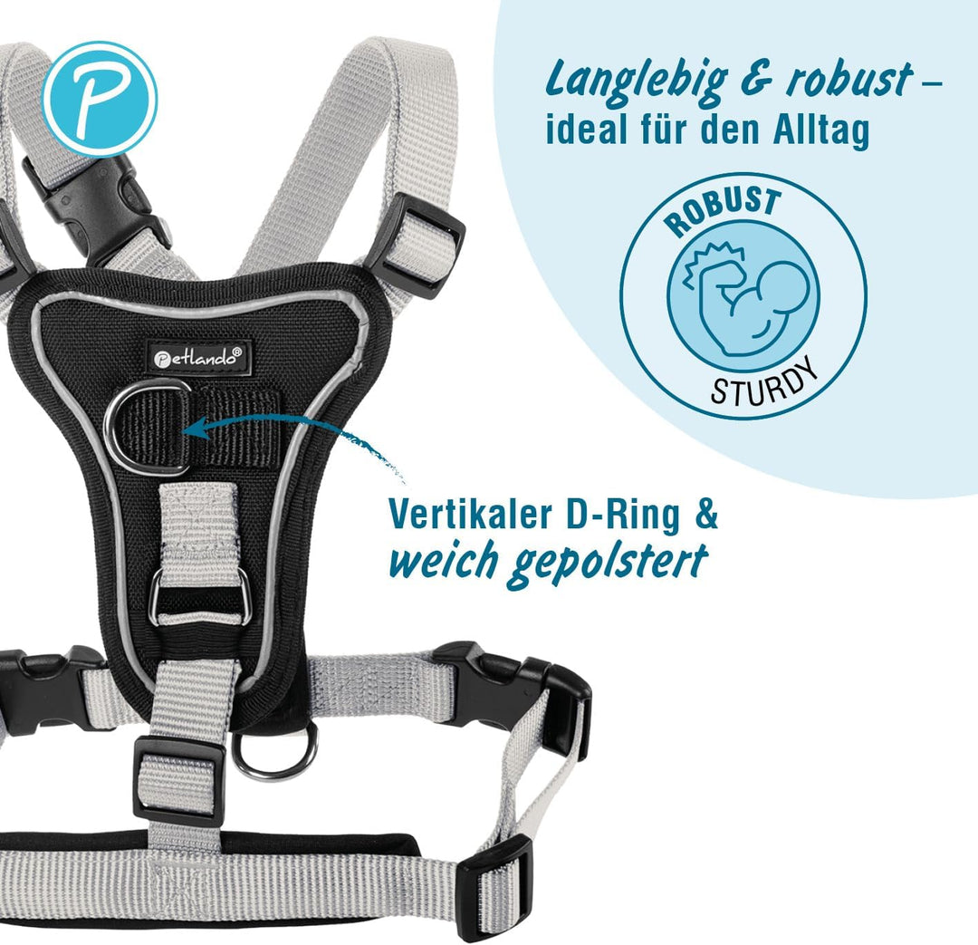 Petlando Hundegeschirr Anti Zug, Basic Comfort Plus, Silber, XXL | Vertikaler Brust-D-Ring, Ohne Übe