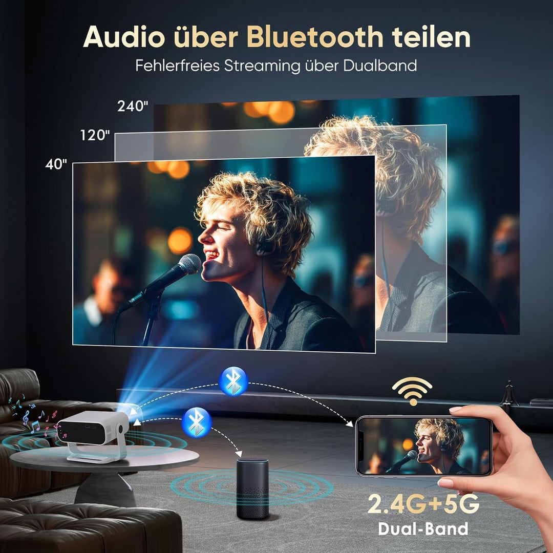 2026 Neuer Smart Mini Beamer Integrierte APP, Android 14, Unterstützt 1080P und 4K-Dekodierung, Auto