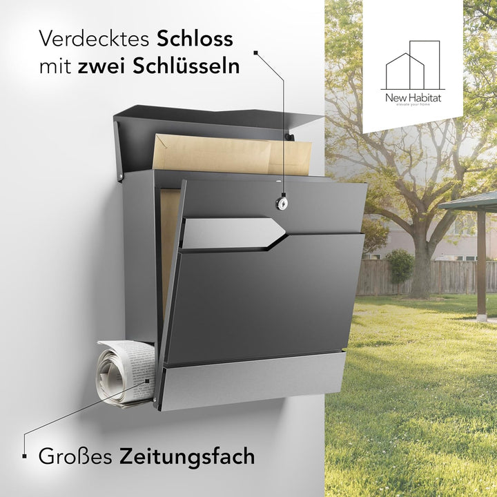 Moderner Briefkasten Personalisierbar Sydney Anthrazit RAL7016 - mit Zeitungsfach - Wandbriefkasten