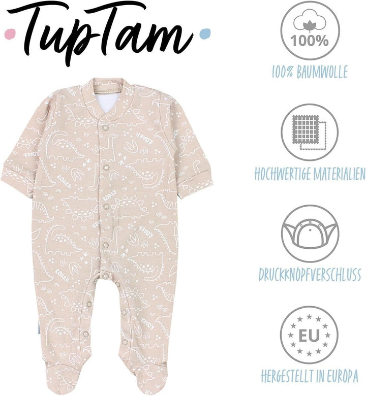 TupTam Baby Jungen Schlafstrampler mit Fuss 3-er Pack 86 Dino Park Sterne Beige Weiss, 86 Dino Park