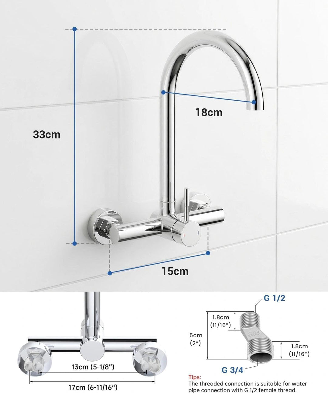 Wasserhahn Küche Wandmontage Chrom, küchenarmatur Wand mit Schwenkbereich 360°, Einhebelmischer Spül