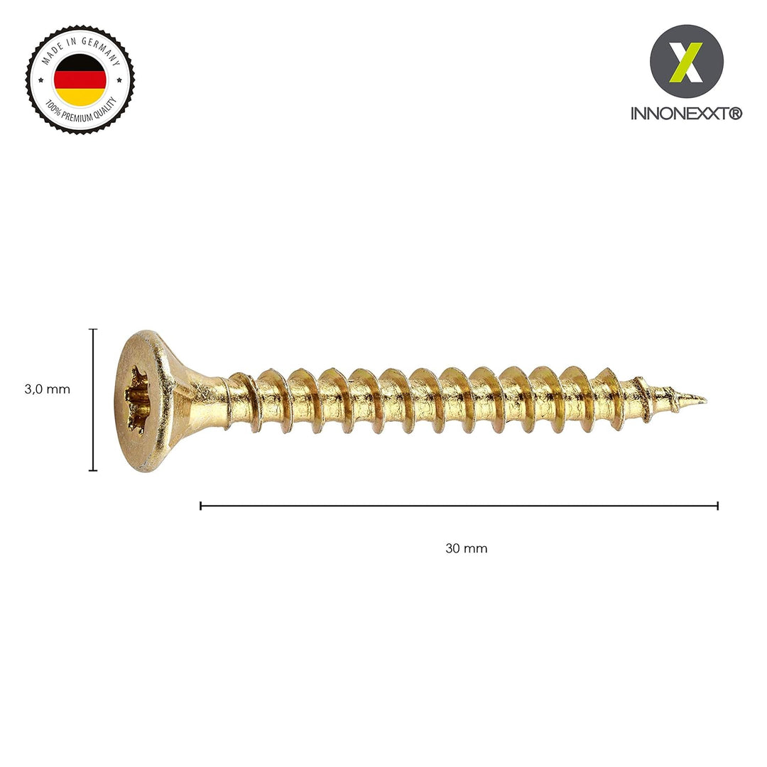 INNONEXXT® Premium Spanplattenschrauben | 3,0 x 30 mm | Fräsrippen | Cut-Spitze | Terrassenschrauben