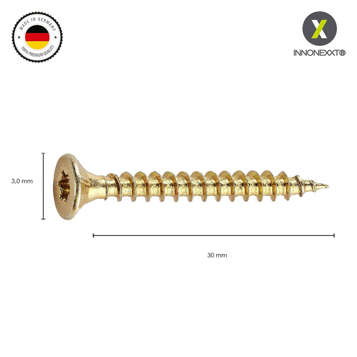 INNONEXXT® Premium Spanplattenschrauben | 3,0 x 30 mm | Fräsrippen | Cut-Spitze | Terrassenschrauben