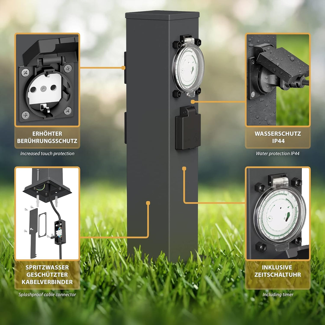 ledscom.de Garten Steckdosensäule Polly für aussen, IP44, Timer/Zeitschaltuhr, 3-Fach, anthrazit, ec