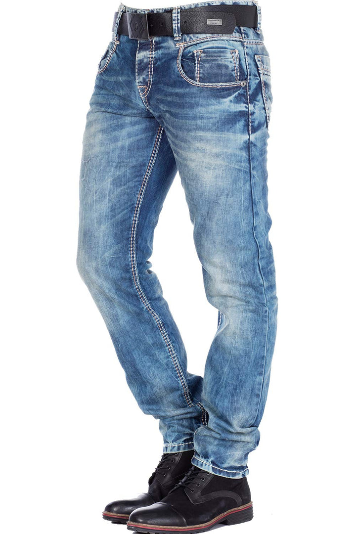 Cipo & Baxx Herren Jeans Hose Used Look Röhrenjeans Straight Fit Kontrastnähte Denim 28W / 32L C-114