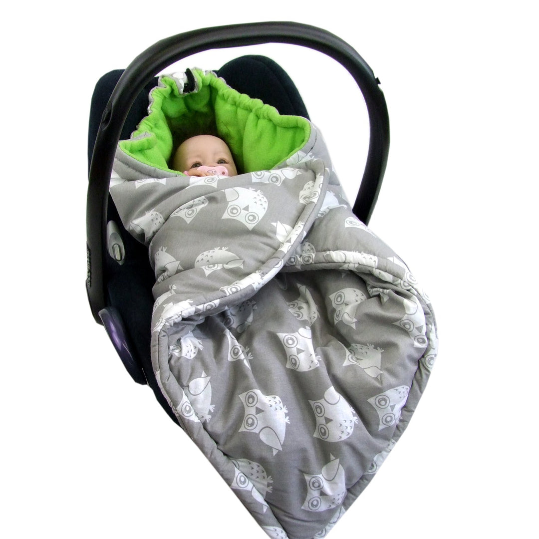 BAMBINIWELT Einschlagdecke Babydecke Decke für Babyschale Kinderwagen mit Fleece universal (Eule grü