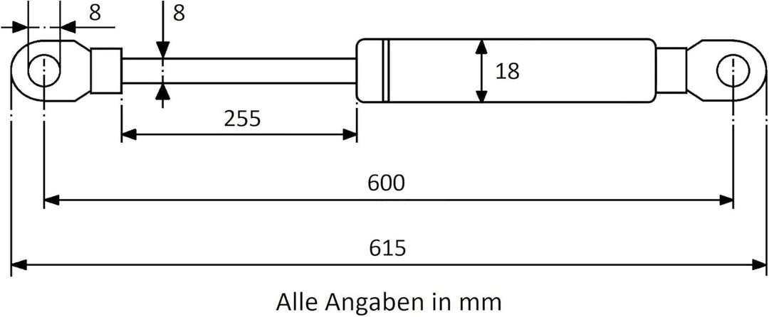 Secuplan Gasdruckfeder 600 mm, 255 mm Hub, 200 N, Ø 8/6 mm, abnehmb. Augen Gasdruckdämpfer, Gasfeder