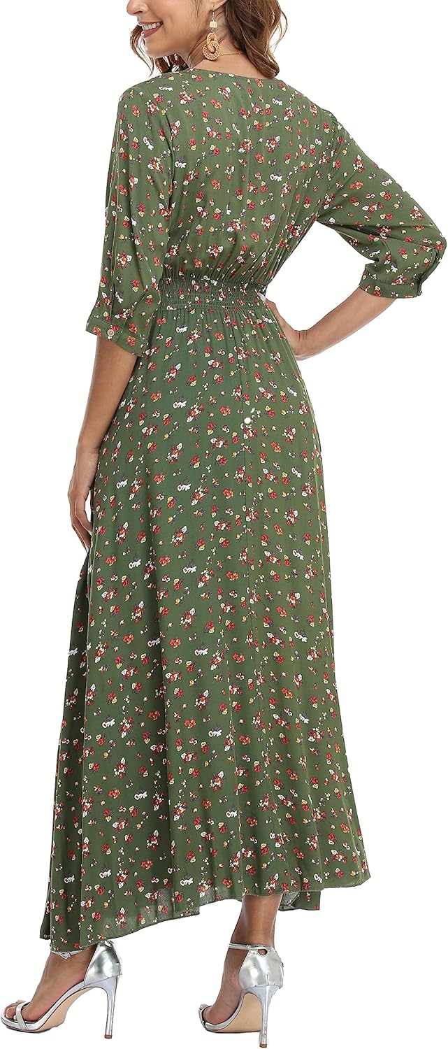 VOGMATE Damen Lange Split Knopf Up Sommer Maxikleid Floral Strandwear Holidy Kleid Hohe Taille mit k