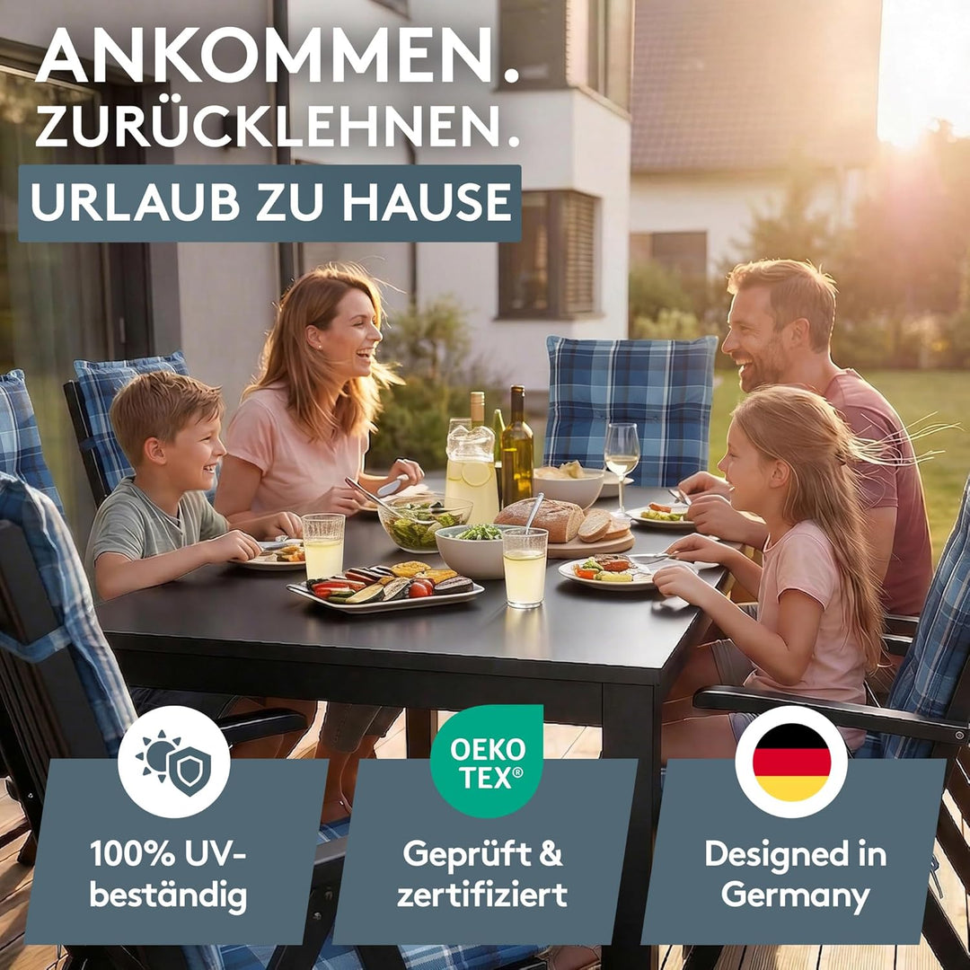 LILENO HOME Gartenstuhl Auflagen als [2er Set - Hochlehner] in Karo Blau - Bequeme Liegen als Sitzau